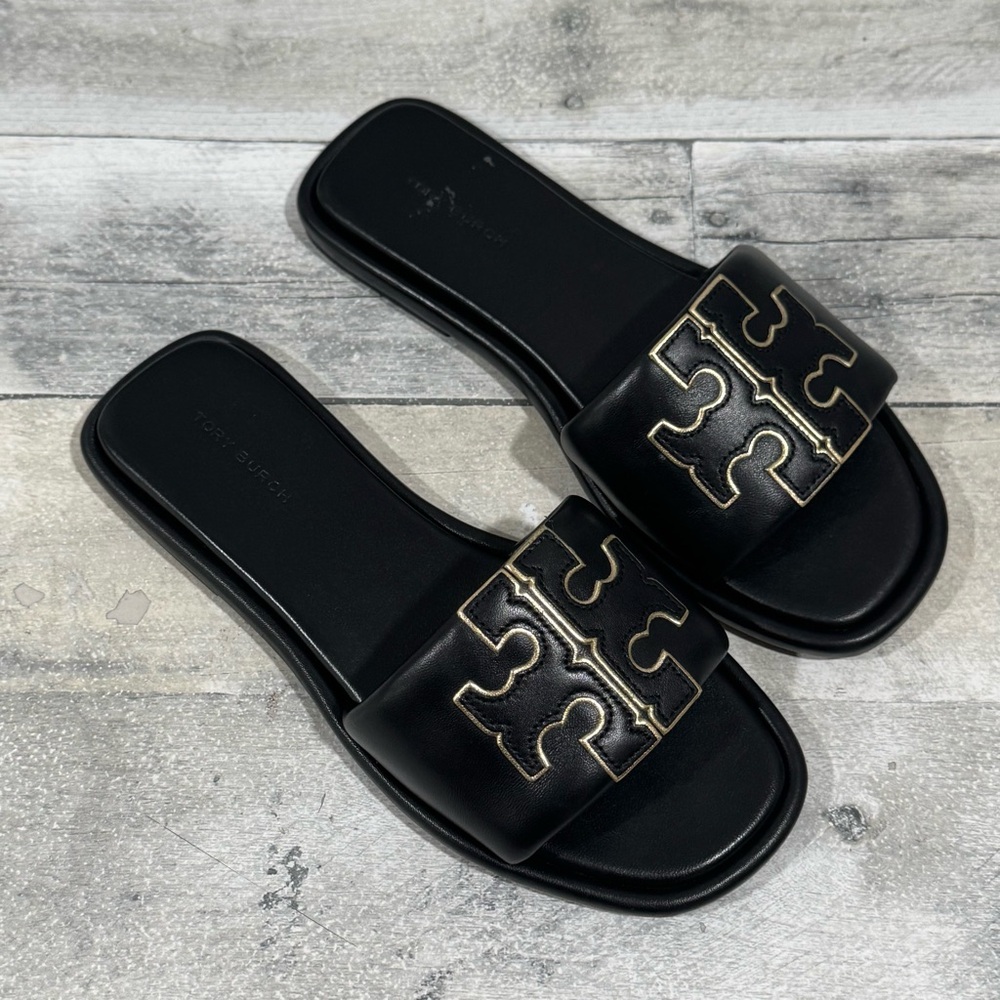 TORY BURCH Double T Sport Slide Sandal - Perfect Black/Gold Sz - 6.US Women’s